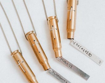 Bullet Casing Scripture Cross Necklace, Sterling Silver, Custom Verse