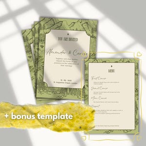 Plantilla de invitación de boda minimalista verde + Menú GRATIS / Esquema botánico / Invitación de inspiración natural editable e imprimible en Canva