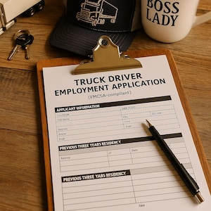 May include: A navy blue trucker hat with a white truck graphic, a white mug with "BOSS LADY" text, and a clipboard with a "TRUCK DRIVER EMPLOYMENT APPLICATION" form. A toy truck, keys, and a pen are also on the wooden surface.