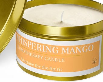 Candela aromaterapica Whispering Mango: cera di soia e cocco, lattina dorata