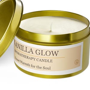 Vanilla Glow Aromatherapy Candle. 4oz 8oz Tin. Coconut Soy Wax. Calming Vanilla Scent. Relaxation Candle. Self Care Gift. Spa Candle.