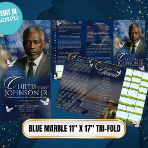 May include: A blue marble tri-fold memorial service program, 11" x 17", featuring a portrait of a man in a suit. The program includes text: "Curtis Curt Johnson Jr." and "Order of Service". White doves and floral accents decorate the design.