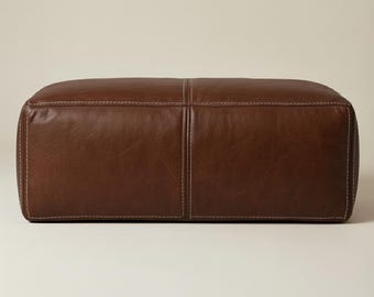 Dark Brown Leather Ottoman Pouf, Large Leather Ottoman Coffee Table Pouf, Brown Leather Living Room Footstool leather ottoman coffee table