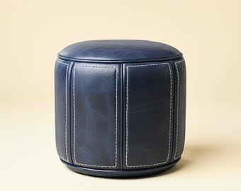 Leather Ottoman Coffee Table, Blue Leather Hassock Ottoman Footrest, Moroccan Round Leather Pouf Unstaffed Leather Nursery Footstool Pouf