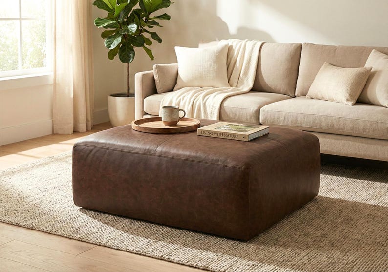 May include: A large, square, brown leather ottoman sits on a neutral-toned rug in front of a beige sofa. A wooden tray with a mug and a book titled "LIVING WITH NATURE" are on the ottoman. A potted plant is in the background.