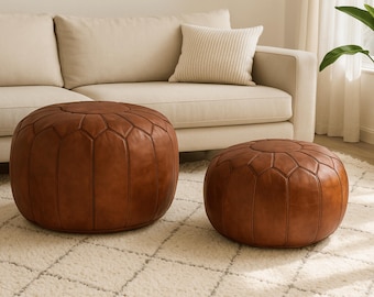 Handmade Round Leather Ottoman Pouf, Brown Leather Footstool Ottoman Coffee Table, Dark Brown Leather Hassock Ottoman,Moroccan Leather Pouf