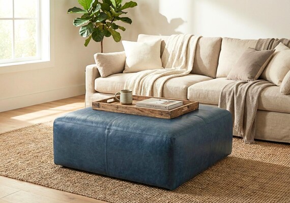 Authentic Leather Coffee Table Pouf, Large Denim Blue Ottoman Pouf Modern Leather Footstool, Leather Living Room Furniture