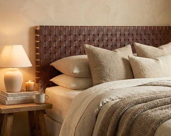 Leather Straps Headboard, Dark Brown Wall Hanging Leather Headboard, Strap Wall Mounted Leather Bed Frame, Wall Hanging Leather Headboard