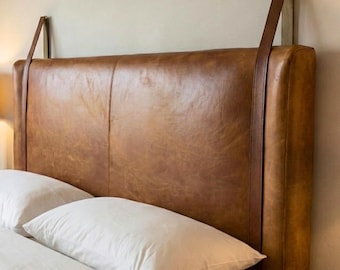 Rustic Leather Wall Hanging Headboard,Distressed leather Farmhouse Headboard Brown California Headboard, Carved Brown Queen Headboard