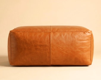 Authentic Large Leather Ottoman Pouf, Moroccan Brown Leather Ottoman Coffee Table Pouf, Light Brown Leather Living Room Pouf Unstaffed