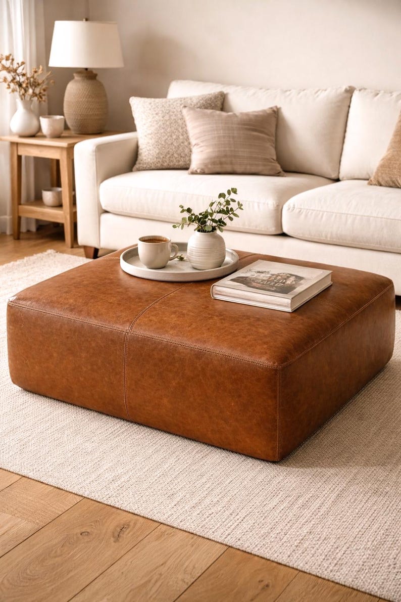 May include: A large, square, brown leather ottoman sits on a light-colored rug in a living room setting. A white sofa with neutral-toned pillows is in the background. A tray with a cup and vase rests on the ottoman, along with a book.