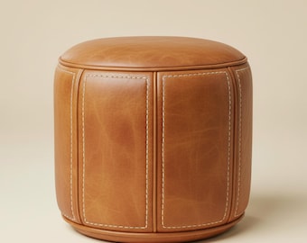 Round Leather Ottoman Footstool Pouf, Light Tan Leather Ottoman Coffee Table, Round Leather Footrest Ottoman Storage Pouf Moroccan Pouf