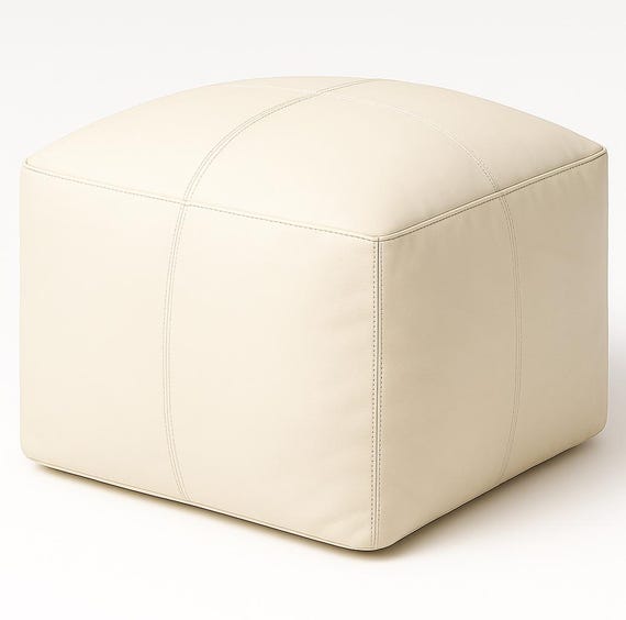 Handmade White Leather Ottoman Pouf, White Square Leather Footstool Pouf, Square Living Room Pouf, Moroccan White Ottoman Storage Pouf