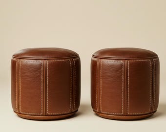 Handmade Round leather Ottoman Pouf, Dark Brown Leather Footstool Pouf, Leather Hassock Ottoman Pouf, Round Living Room Pouf Unstuffed Pouf