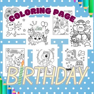 Birthday Coloring Pages, Party Activity Fun, For Kids and Adults, 7 Coloring Pages, Printable PDF, Instant download