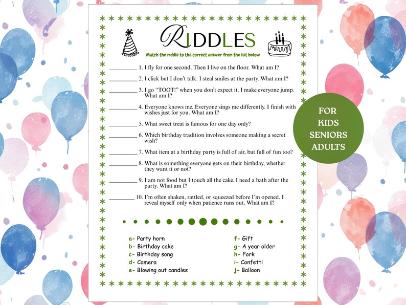 Birthday Riddle Game for Kids Adults Seniors, Printable PDF Instant ...