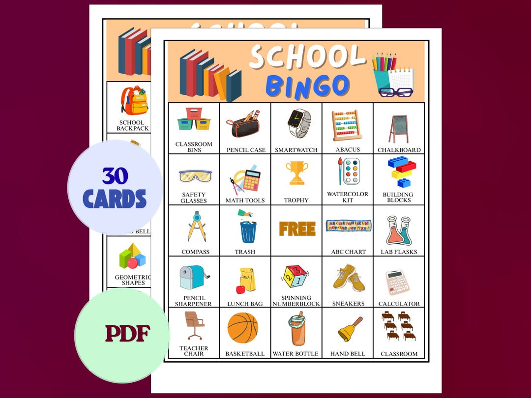 School Bingo Printable, 30 Unique Cards, Fun Activity Kids Educational ...