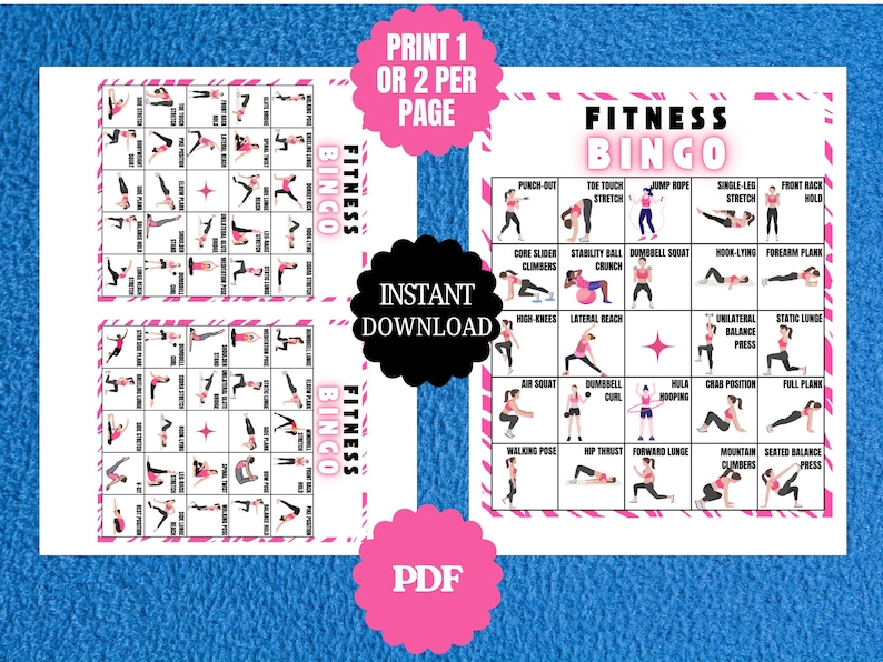 Fitness Exercise Bingo Printable 50 Unique Cards for Kids Adults