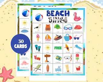 Beach Bingo Printable Summer Activity for Kids Adults, 30 Unique Cards Instant Download PDF