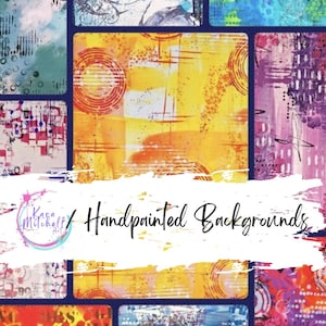 Op de afbeelding: Een collage van handgeschilderde achtergronden in verschillende kleuren en texturen. De achtergronden zijn vierkant en rechthoekig, met een mix van abstracte ontwerpen en patronen. De tekst "Handpainted Backgrounds" is cursief geschreven.