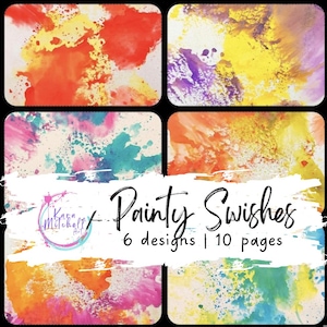 Op de afbeelding: Een digitale print met zes abstracte ontwerpen met verfstreken in levendige tinten oranje, geel, roze, paars en teal. De tekst "Painty Swishes" wordt weergegeven met "6 designs | 10 pages".