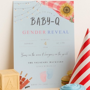 May include: A light blue Baby-Q Gender Reveal invitation with text, a sunflower, and a red and white party hat. The invitation includes the date, time, and location of the event. A cupcake with blue frosting and a wooden block are in the foreground.