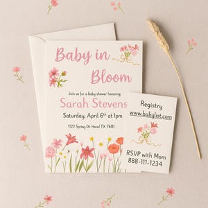 Baby in Bloom – Aanpasbare sjabloon voor babyshoweruitnodiging met registratiekaart