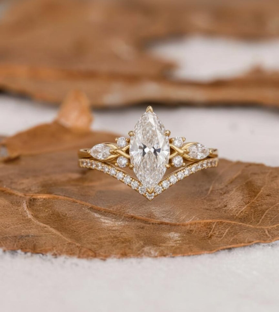 Marquise Cut Lab Grown Diamond Engagement Ring Set in Rose Gold Leaf ...