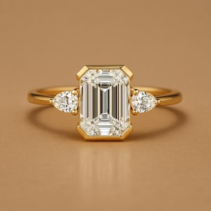 Emerald Cut Moissanite Engagement Ring: 14K Gold Bezel Set Ring