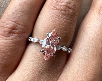 Pink Marquise Lab Diamond Engagement Ring | 14K Gold Band