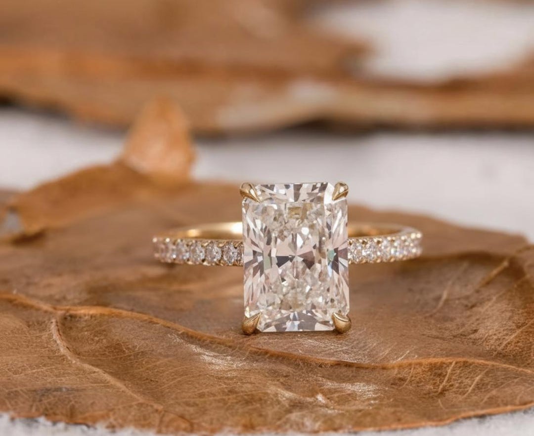 3CT Radiant Lab Grown Diamond Engagement Ring, 14K Yellow Gold Pave ...