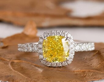 1.30 CTW Yellow Cushion Cut Lab Diamond Ring | White Gold Halo Engagement