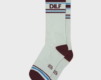 DILF Gym Crew Socks – Funny Gift for Him, Bold Statement Socks for Men, Humorous Gift Idea, Gift for Husband