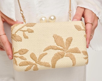 Boho Evening Bag – Mother's Day Gift for Mom, Pearl Top Clutch, Palm Leaf Embroidery, Tropical Vacation Purse, Beach Wedding Bag