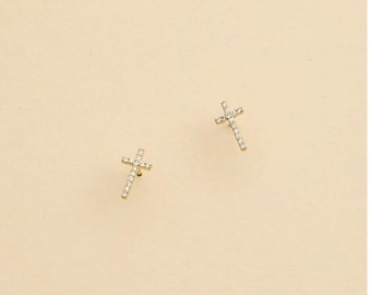 Gold Cross Stud Earrings | Dainty Pavé Cross Earrings | Minimal Christian Jewelry | Faith Gift for Her