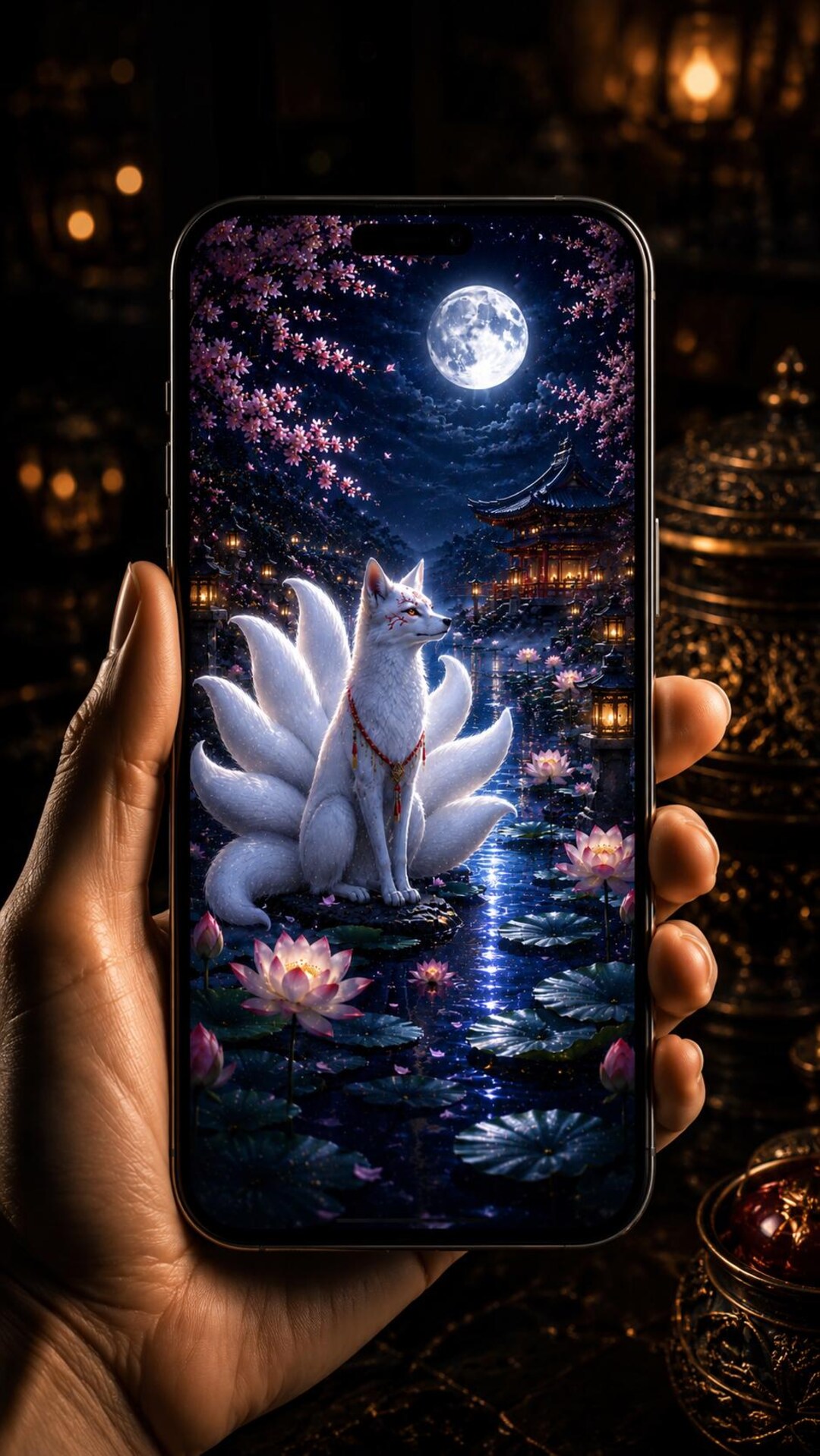 White Kitsune Lotus Pond Wallpaper 4K, Nine Tailed Fox Phone Wallpaper ...