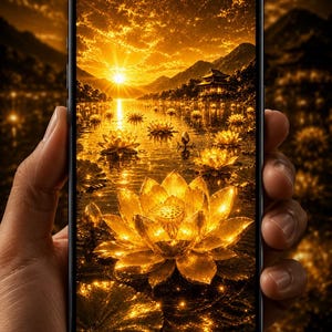 Golden Lotus Wallpaper 4K, Japanese Zen Phone Wallpaper, Luxury Gold Aesthetic Background PNG for iPhone Android