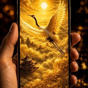 May include: A smartphone displays a golden, digital painting of a crane in flight over a landscape of clouds, mountains, and a pagoda. The crane has white and gold feathers, with a black and red head. The scene is illuminated by a bright sun.