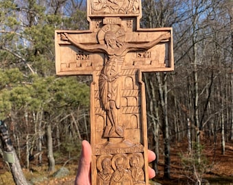 Orthodox Wooden Wall Cross – Hand-Carved Crucifixion Icon | Holy Trinity & Three Hierarchs | 40x20 cm Christian Gi