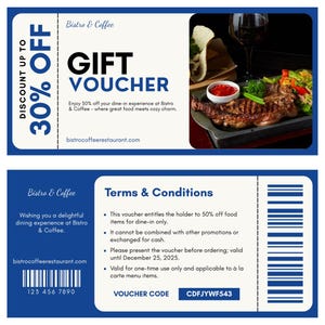 Vale-presente para bistrô para impressão – Modelo de cupom de restaurante editável – Cartão de desconto em alimentos e bebidas – Vale-refeição digital
