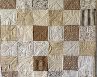 Baby handmade patchwork quilt neutral colors, Brown, Beige, white, sage, light green, Baby shower gift, stroller blanket, boy, girl