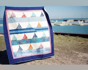 Sailboat handmade nautical quilt, Made to order. Baby shower gift, blues