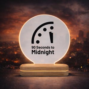 May include: A lighted, circular sign with the text "90 Seconds to Midnight" and a black graphic. The sign is mounted on a wooden base with a warm, glowing light. The background shows a cityscape at dusk.