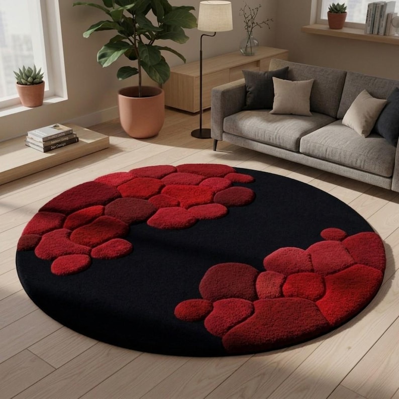 Patterned Rug Round Hand Tufted Wool Round Rug, Modern Abstract Black Red Carpet - Etsy