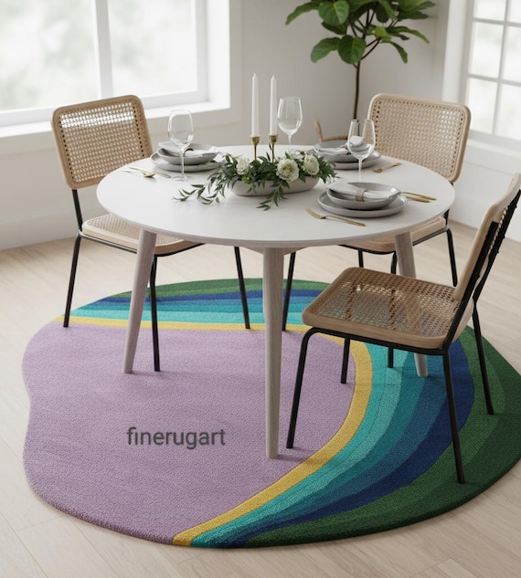Modern Abstract Irregular Shape Rug – Lavender with Multicolor Layered Bands, Hand-Tufted with Cotton Backing