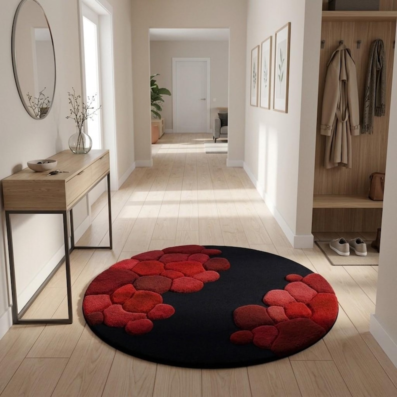 Patterned Rug Round Hand Tufted Wool Round Rug, Modern Abstract Black Red Carpet - Etsy