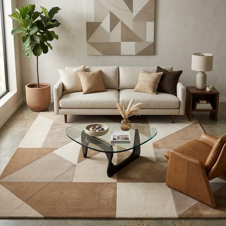 Hand Tufted Wool Geometric Rug, Neutral Abstract Area Carpet ...