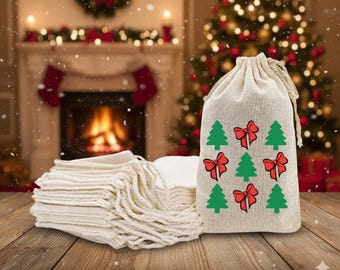 Christmas Tree Burlap Favor Bags (Set of 12) | Rustic Holiday Pouches