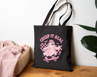 Cute Ghost Skateboard Tote Bag, Reusable Grocery Tote, Halloween Bag, Gift for Teens, Eco-Friendly Canvas Purse