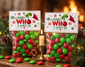 May include: Two clear plastic bags filled with red and green chocolate candies. Each bag has a white header card featuring a green hand holding a red ornament, red and green snowflakes, and the text 'a little WHO IS ALMOST DUE'.